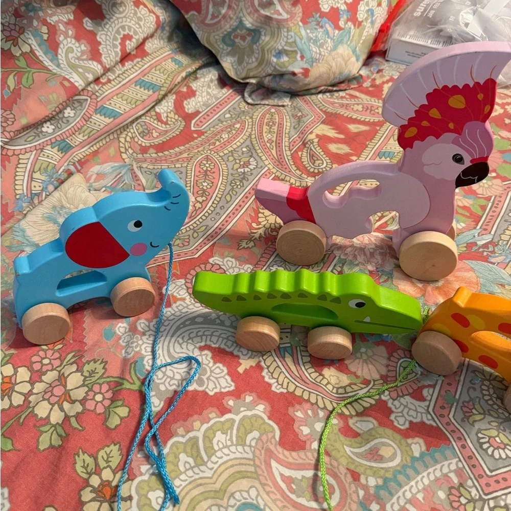 Colorful Wooden Animal Pull/ push Set giraffe, alligator, elephant, and bird